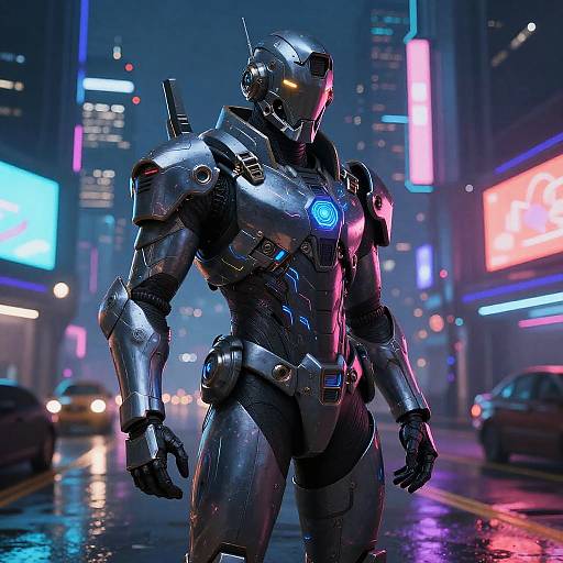 CGI cyberpunk scene of a futuristic, metallic humanoid robot with glowing blue chest emblem, standing on a neon-lit, rain-soaked city street