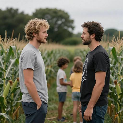 Men Interacting in a Cornfield Scene