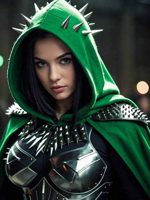 Woman in Green Hooded Spiked Armor
