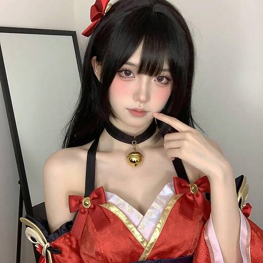 Asian Woman in Red Kimono Cosplay