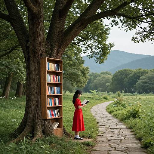 Photograph of a woman in a red dress, black hair, reading under a tree beside a wooden bookshelf on a stone path, surrounded by lush