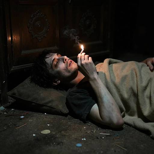 Man Lying on Floor Smoking Cigarette