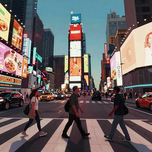 Photograph of a bustling New York City street at dusk with pedestrians crossing, vivid neon billboards, and yellow taxis.