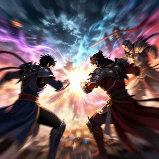 Dynamic anime-style digital art of two armored warriors facing off in intense battle, surrounded by explosive, colorful energy and blurred motion.