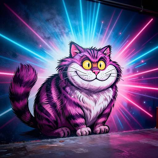Digital illustration of a chubby, purple-striped cat with yellow eyes and a big smile, surrounded by vibrant blue, pink, and white neon rays against a