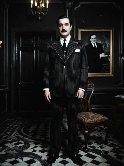 Man in Gomez Addams Costume in Mansion