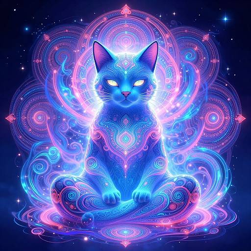 Digital artwork of a glowing blue cat with neon white eyes, surrounded by swirling pink, purple, and blue mystical patterns.