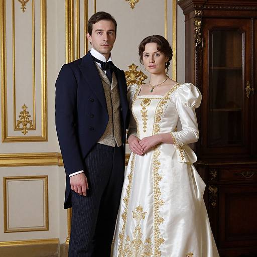 Photograph of a formal couple: man in black tuxedo with pinstripe trousers, woman in white gown with gold embroidery, standing in orn