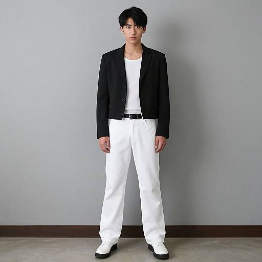 Young Man in Black Jacket and White Pants