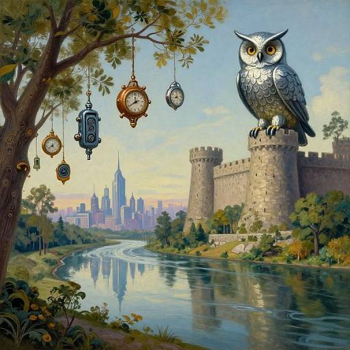 Fantastical painting: giant owl perched on castle, vintage clock pendulums hanging from tree, river reflecting city skyline, lush greenery.