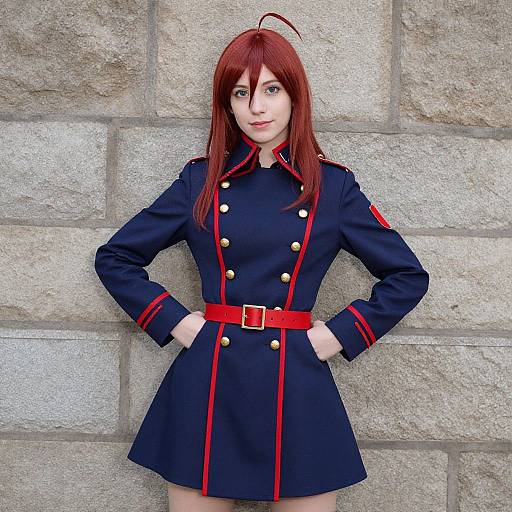 Photograph of a pale-skinned, red-haired woman in a navy military-style dress with red trim and belt, hands on hips, standing against a