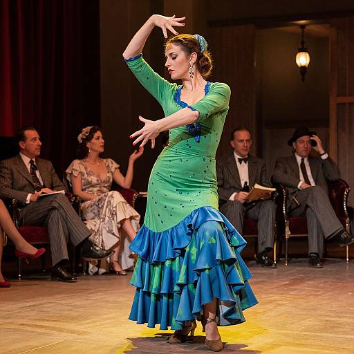 Photograph of a female flamenco dancer in a green and blue ruffled dress, mid-performance, with an audience seated in the background.
