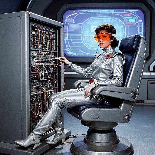 Photograph of a 1980s sci-fi scene: a woman in shiny silver space suit, red visor, sitting in black chair, working