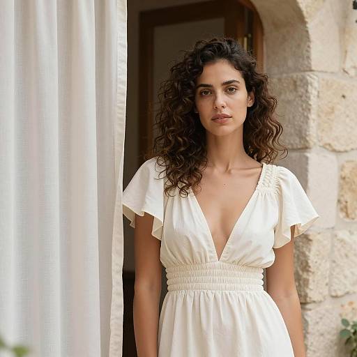 Elegant Woman in Cream Dress by Doorway