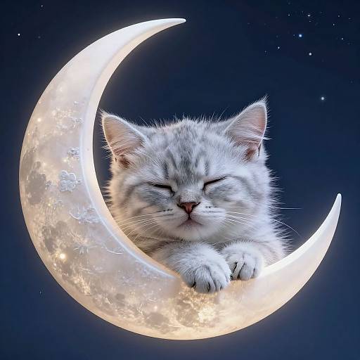Photograph of a fluffy, white kitten with closed eyes, resting on a glowing, detailed crescent moon against a dark, starry night sky.