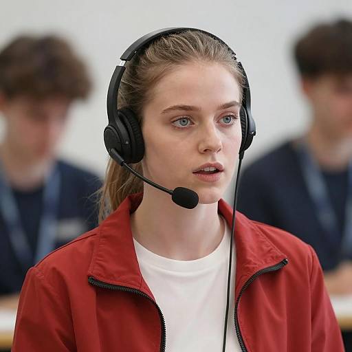Concentrated Woman with Headset and Jacket