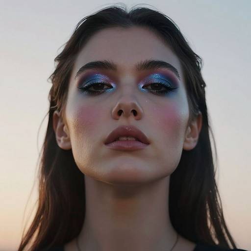 Close-up photograph of a young woman with long brown hair, striking blue and pink eyeshadow, and glossy pink lips, set against a soft,