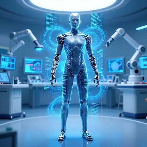 Digital art of a glowing blue humanoid robot in a futuristic lab, surrounded by holographic circles and illuminated by overhead lights.