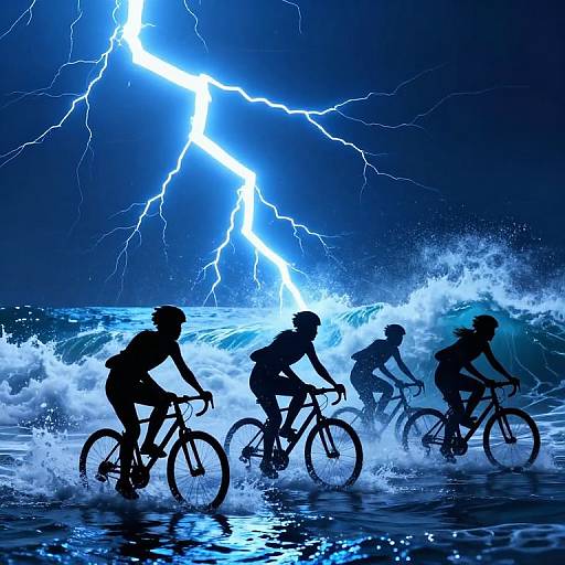Silhouetted cyclists racing through ocean waves under a vivid blue lightning bolt in a dramatic, electrifying nighttime scene. Digital illustration.