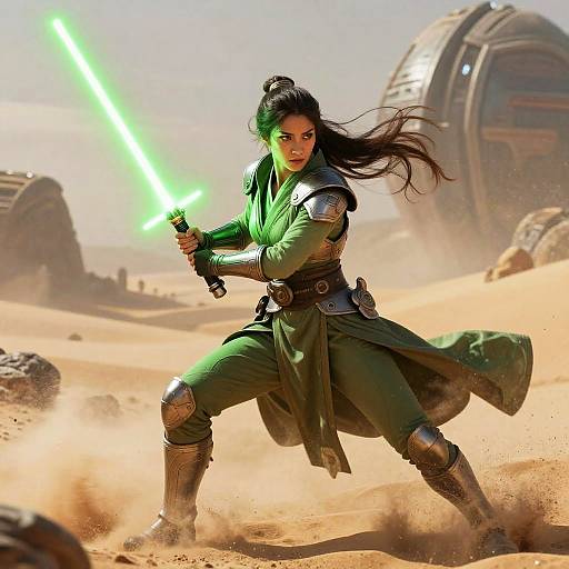 Female Jedi with Green Lightsaber in Desert Battle
