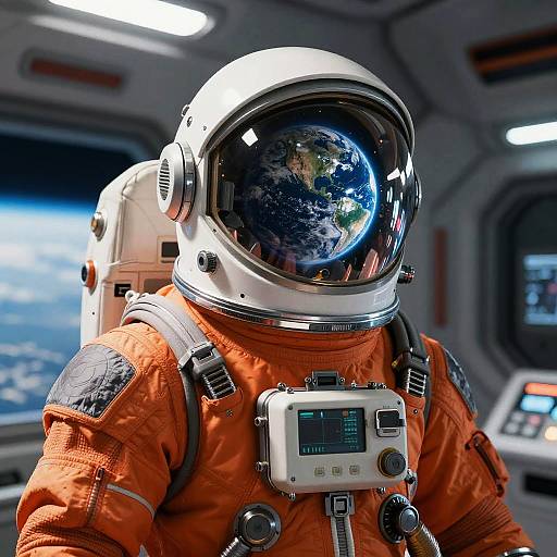 Photorealistic digital image of an astronaut in an orange spacesuit with reflective helmet, Earth visible inside, in a spacecraft control room.
