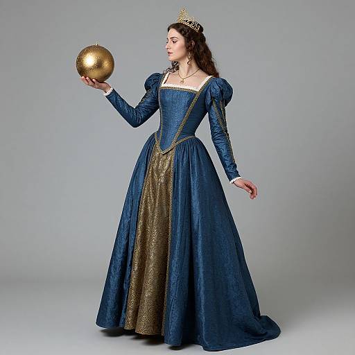 Photograph of a fair-skinned woman with long brown hair, wearing a blue and gold medieval-style gown, gold crown, holding a gold ball,