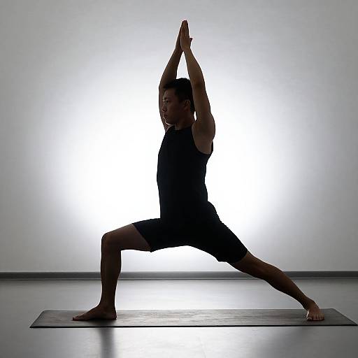 Photograph of a silhouetted man in black workout clothes, performing a standing yoga pose with arms overhead and legs spread apart, against a bright