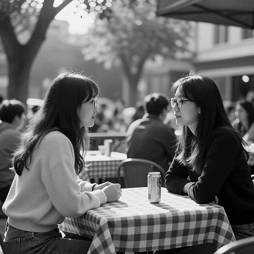 Sunlit Black-and-White Café Conversation Between Women
