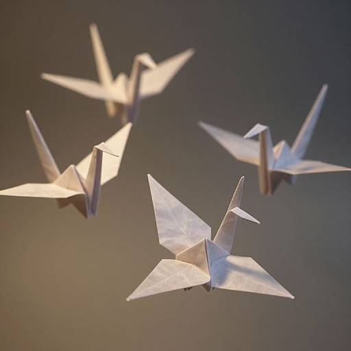 Photograph of four white paper origami birds in mid-flight against a blurred, gradient background of dark blue and orange.