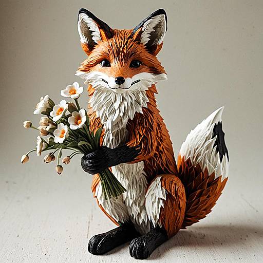 Detailed Fox Figurine Holding Flowers