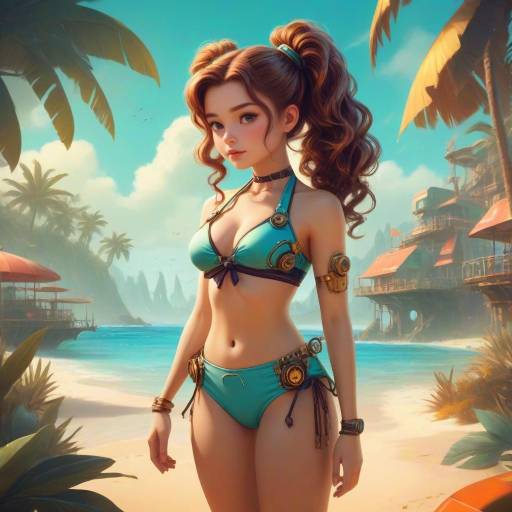 Young Woman in Floral Bikini on Tropical Beach
