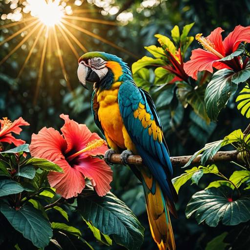 Colorful Macaw Perched on Hibiscus Flowers Colorful Macaw Perched on Hibiscus Flowers