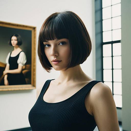 Woman with Stacked Bob Hairstyle in Modern Museum