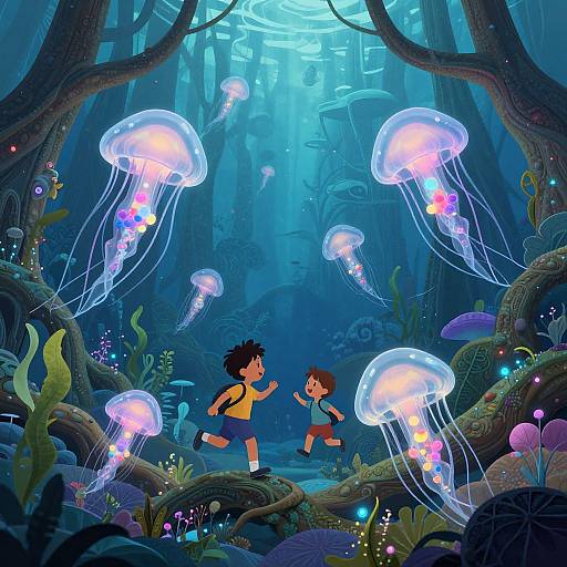 Digital illustration of two children running through a vibrant, underwater forest with glowing jellyfish, colorful plants, and bioluminescent lights.