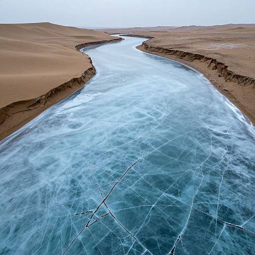 Photograph of a winding, icy blue river cutting through barren, brown desert landscape with cracked, frozen surface and distant, cloudless sky.