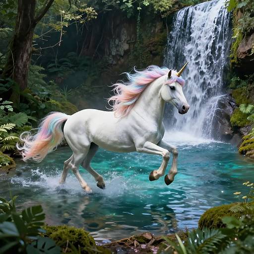 Digital painting of a white unicorn with a rainbow mane galloping in a lush forest stream, with a waterfall in the background. Vibrant, magical