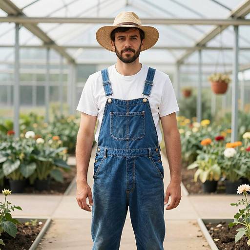Man in Farmer Costume Standing in Greenhouse