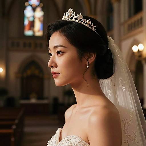 Photograph of an Asian bride with fair skin, black hair in an updo, wearing a white lace tiara and veil, pearl earrings, in