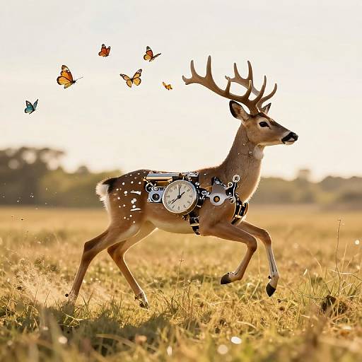 Photograph of a deer with a clock and butterfly motifs on its harness, running in a sunlit meadow with butterflies flying around.