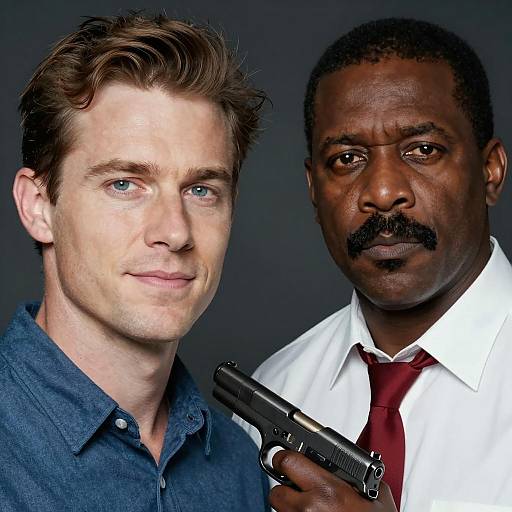 Two men with gun against dark background