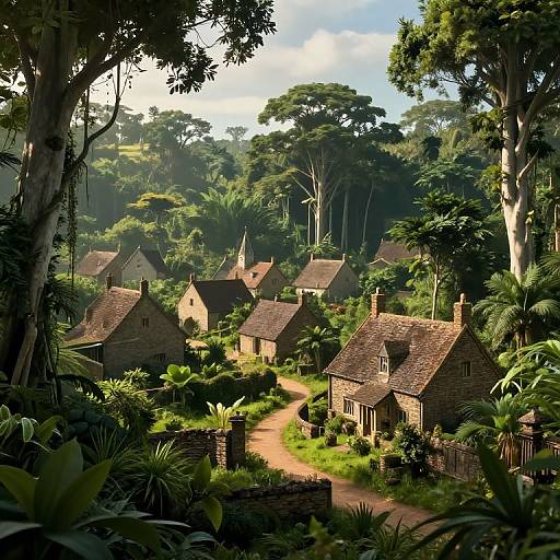Photorealistic CGI of a serene, lush jungle village with stone cottages, red-tiled roofs, winding path, and dense foliage under a bright