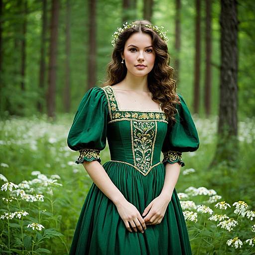 Young Woman in Green Renaissance Dress in Forest