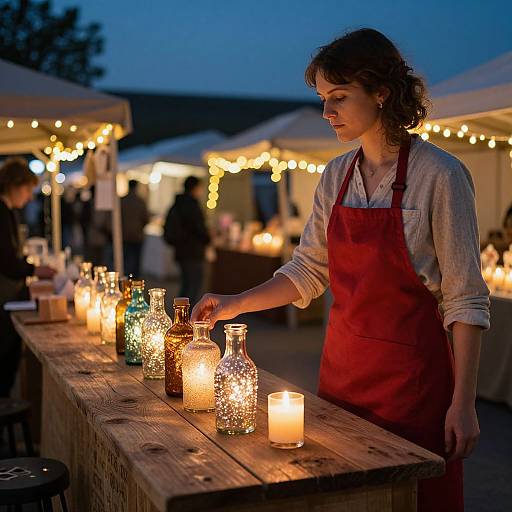 Photograph of a curly-haired woman in a red apron lighting candles on a wooden table at a twilight outdoor market.
