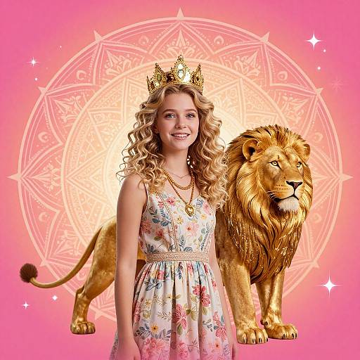 Photograph of a smiling young girl with curly blonde hair, wearing a floral dress and golden crown, standing beside a regal lion on a pink background