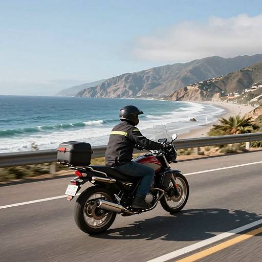 Photograph of a motorcyclist in black gear and helmet riding a motorcycle along a coastal road, with a beach and mountains in the background.