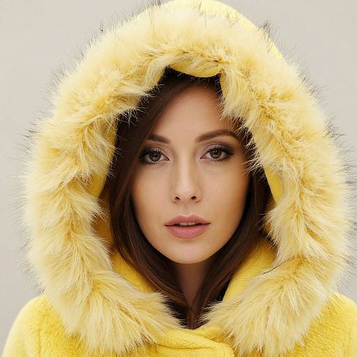 Photograph of a woman with fair skin and brown eyes, wearing a bright yellow fur-trimmed hooded coat, against a plain white background.