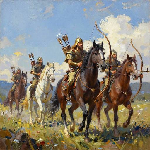 Digital painting of four armored archers on galloping horses, with quivers full of arrows, against a bright blue sky and grassy field.