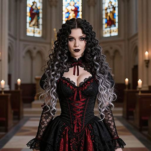 Gothic-style woman in black lace and red corset with long, curly black and silver hair stands in a candlelit, stained-glass church