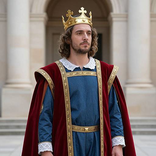 Photograph of a bearded man with curly brown hair, wearing a gold crown, blue and gold medieval robe with white lace collar, standing in front