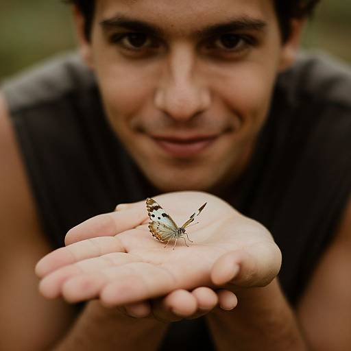 Photograph of a young man with short dark hair, smiling, holding a small, brown and white butterfly on his outstretched hand.